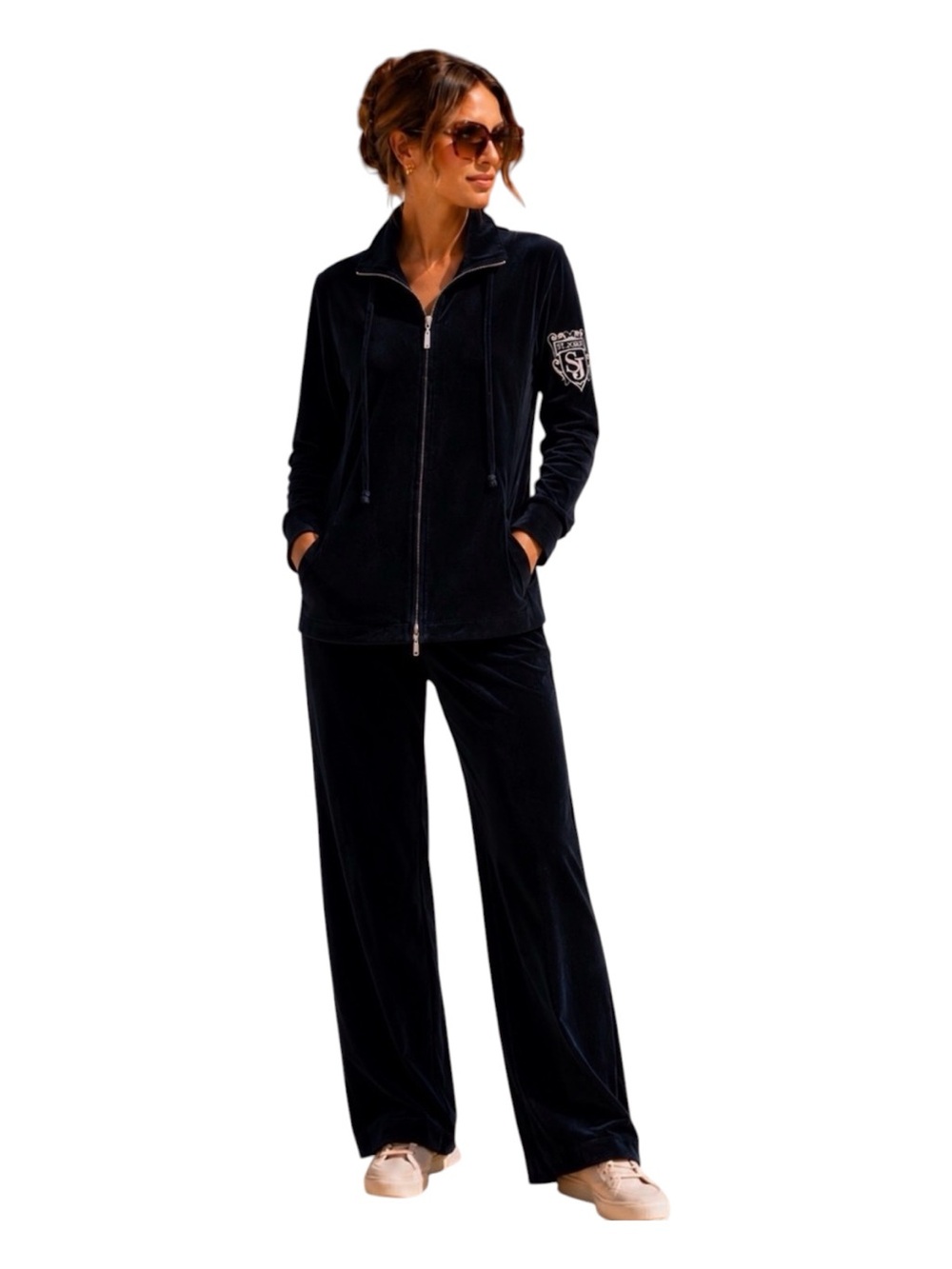 Vintage St. John Velour Tracksuit Black Zip Jacket & Wide Leg Pants Luxury Set